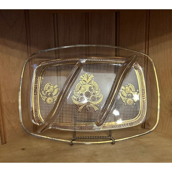 Vintage Georges Briard Sonata Gold Birds Divided Clear Glass Mid Century Tray - Picture 1 of 3